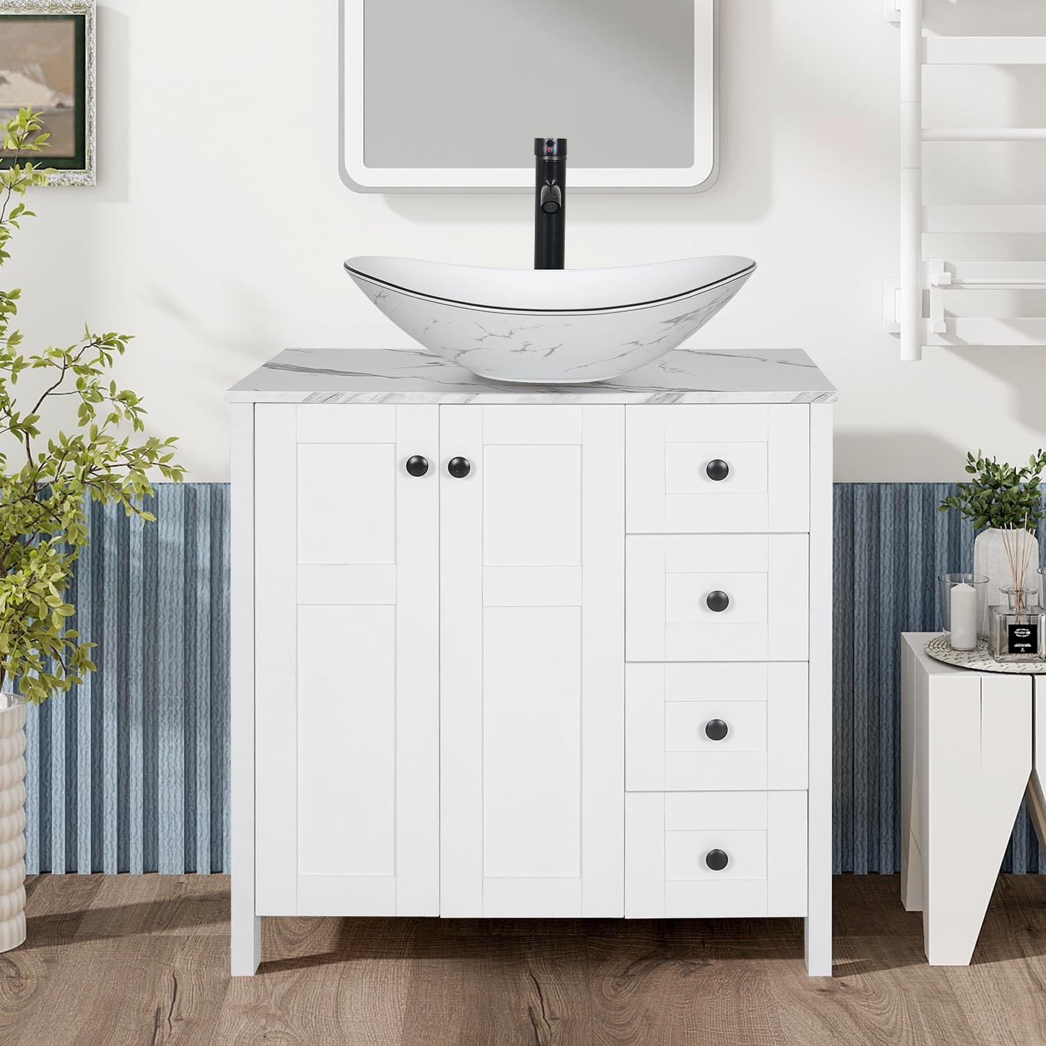 32" White Bathroom Vanity with Marble Texture Top and 4 Drawers, Modern Standing Pedestal Cabinet with Marble Boat Ceramic Sink