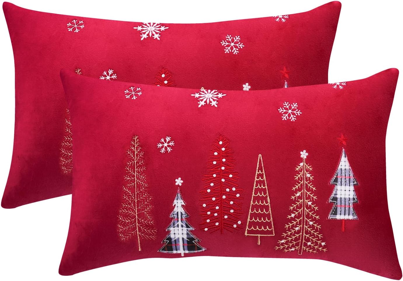Christmas Embroidery Throw Pillow Covers 12 x 20 inch Set of 2 Xmas Tree with Snowflakes Dec Pillowcases Red Christmas Velvet Cushion Pillow Cases Soft Lumbar Holiday Pillowcase