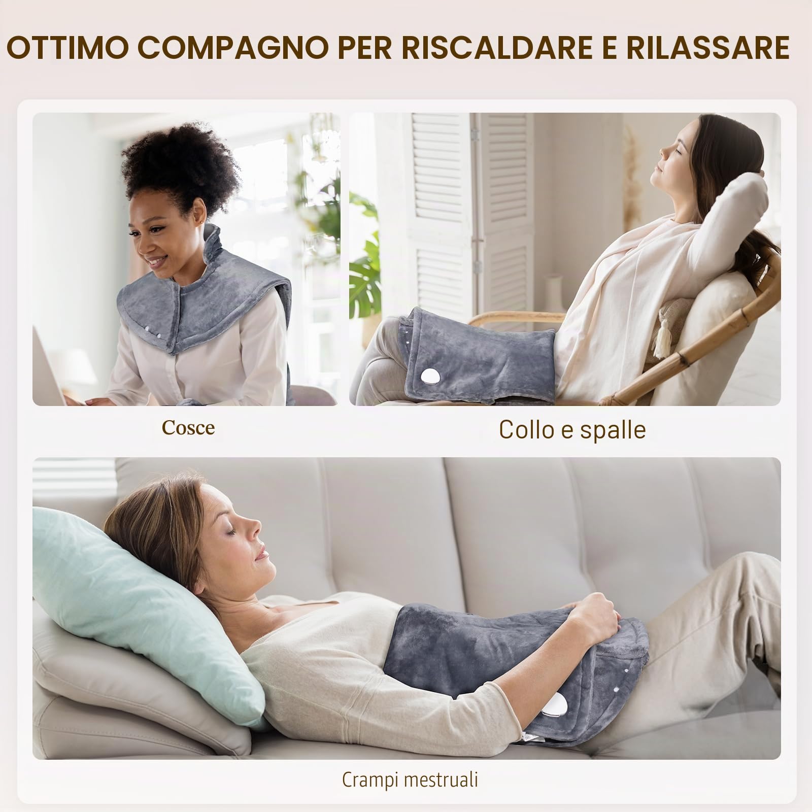 NALONE Termoforo Elettrico per Collo e Spalle 63x100cm, Cuscino Termico con 6 Livelli di Riscaldamento, 4 Timer, Cintura Regolabile, Scaldaschiena in Flanella