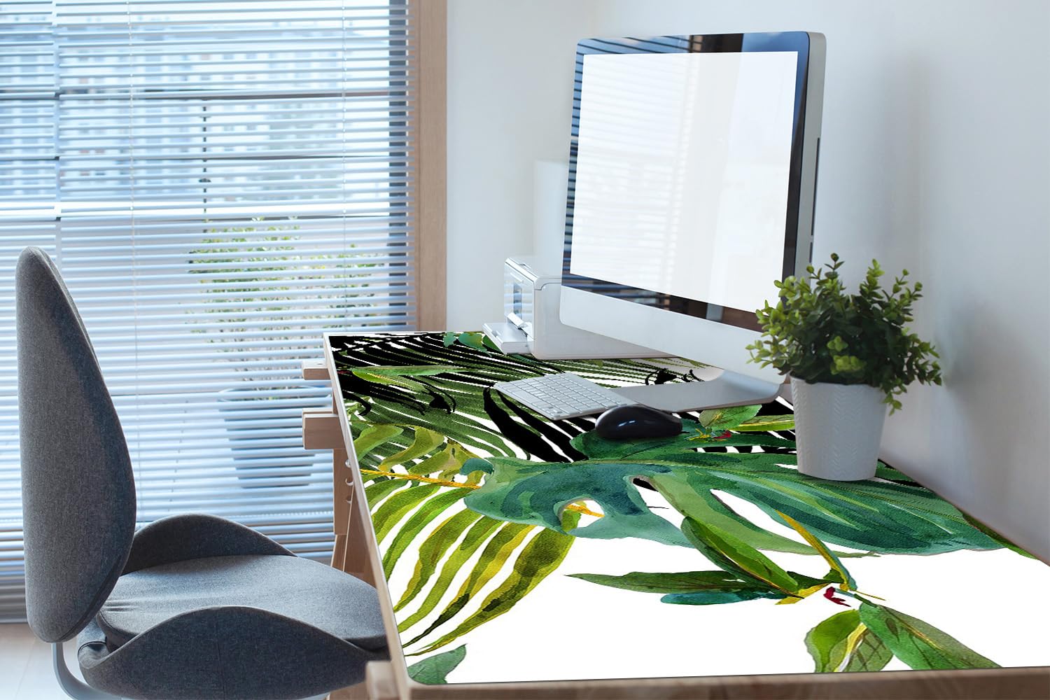 Sottomano da Scrivania 120x60 cm per Ufficio e Casa Impermeabile Protezione e Decorazione Superficie Protettiva Antiscivolo Facile da Pulire in Vinile PVC - Foglie tropicali