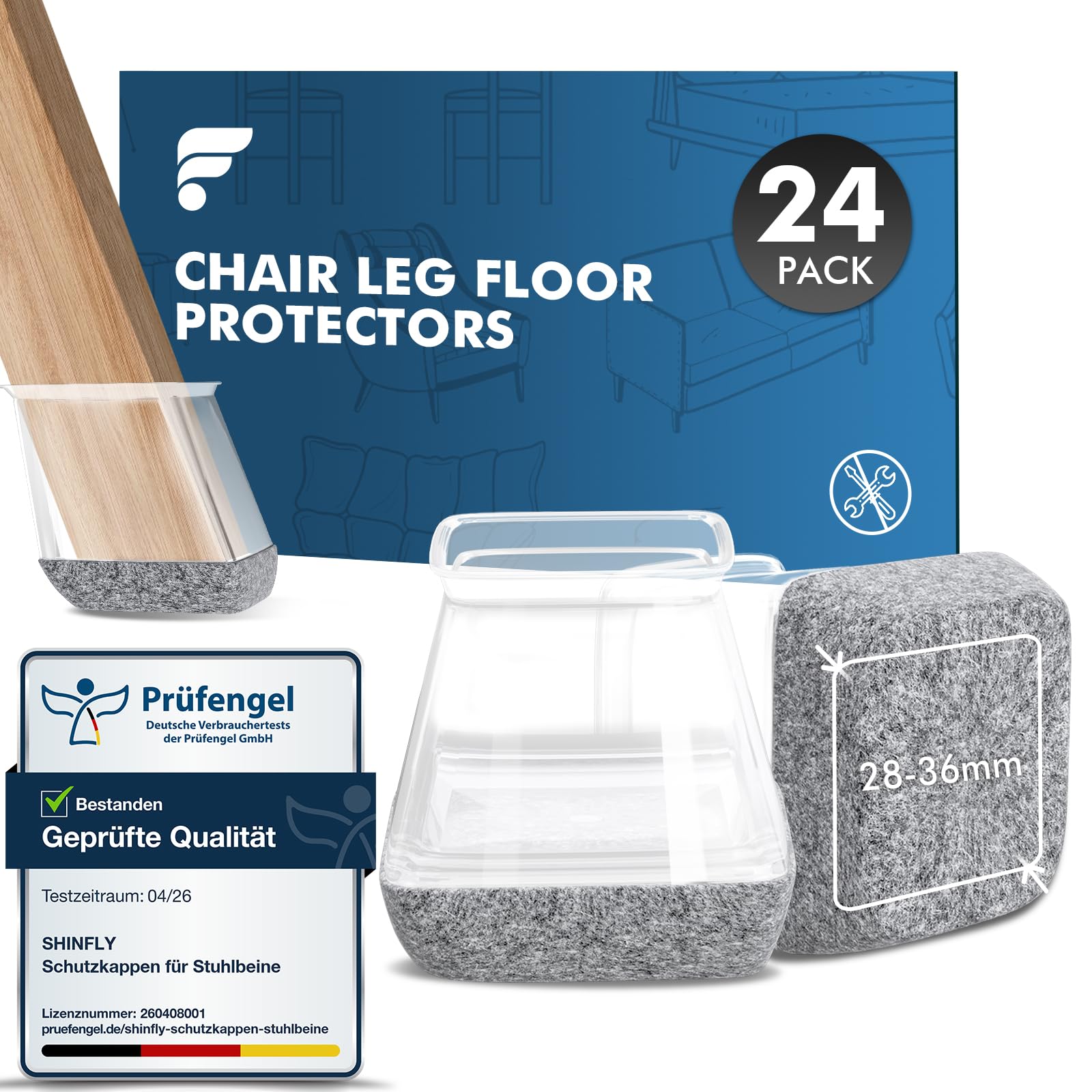 24 Pcs Chair Leg Floor Protectors, Transparent Silicone Chair Leg Caps with 360° wrapped felt pad for Hardwood Floors, Floor Protectors for Furniture Legs, No Scratches No Noise (Square Fit: 28-36mm)