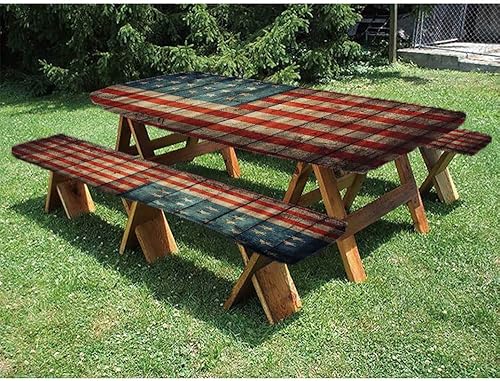 GBYAGCS Mantel de poliéster y banco de 72 pulgadas con diseño rústico de bandera estadounidense de Estados Unidos, Día de la Independencia pintado