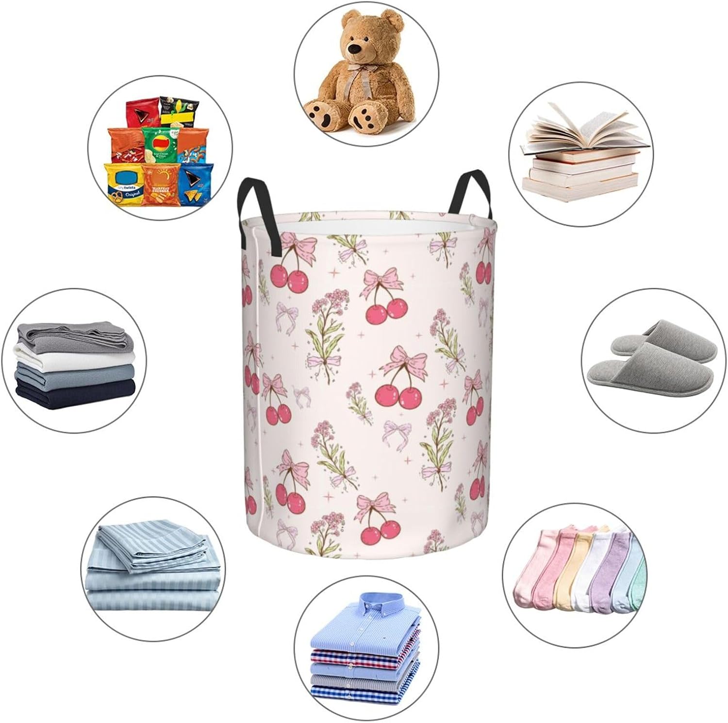 Retro Flower Laundry Basket Foldable Pink Cherry Bow Laundry Hamper With Handles Waterproof Oxford Large Clothes Storage Bucket Toy Organizer For Bathroom Bedroom Dormitory Nursery 19.6 x15.7 In