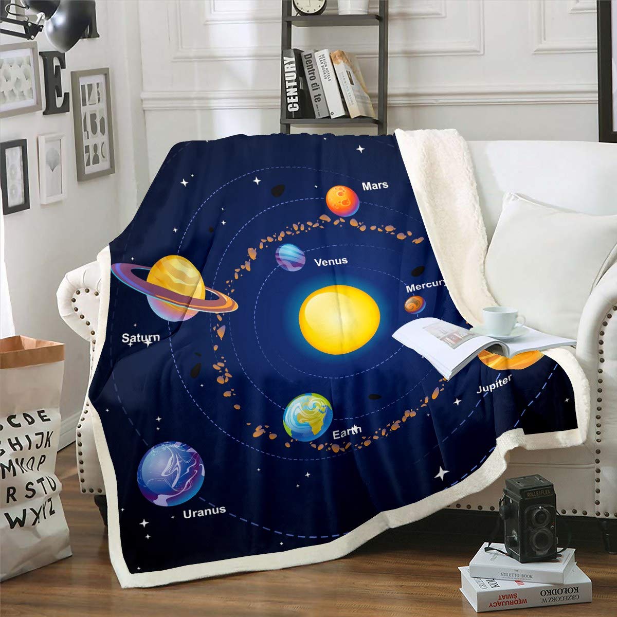 Loussiesd Boys Multicolored 13267 Solar System Fleece Throw Blanket Outer Space Theme Sherpa Blanket Universe Planets Plush Blanket Astronomy Fuzzy Blanket For Sofa Bed Couch For Kids Girls Single 50X60 Inch
