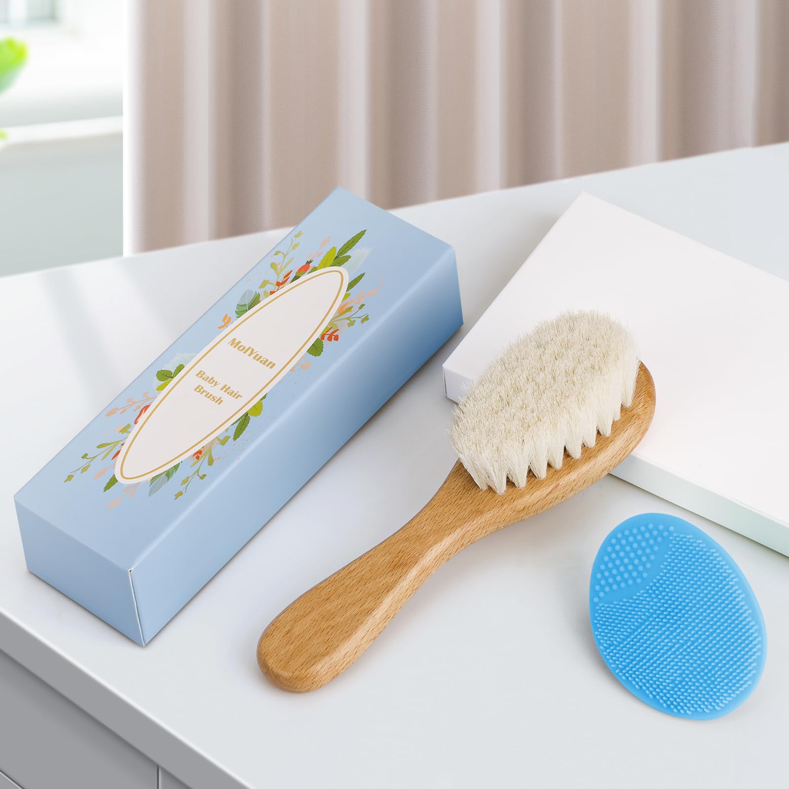 MolYuan Baby Hair Brush, Goat Bristles Brush and Blue Baby Silicone Brush Set for Cradle Cap Wood Bristle Brush for Newborns and Toddlers 2PCS - Image 2