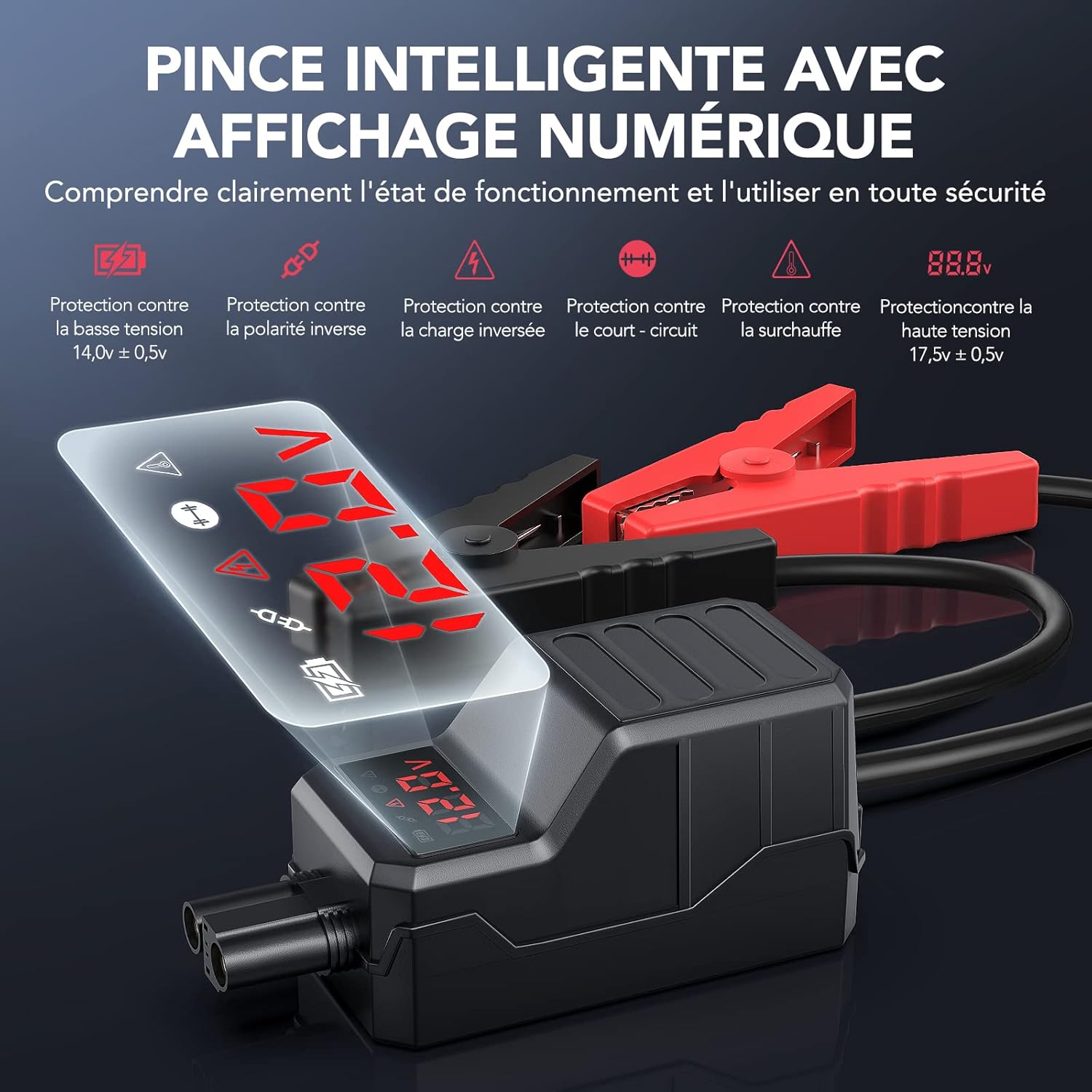 Close-up of the smart jumper cable clamp with an LCD display showing voltage
