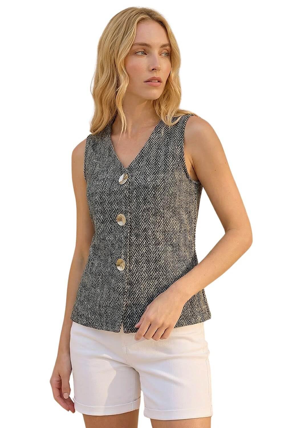 Roman Women's Charcoal Herringbone Mock Button Waist Coat Size 16