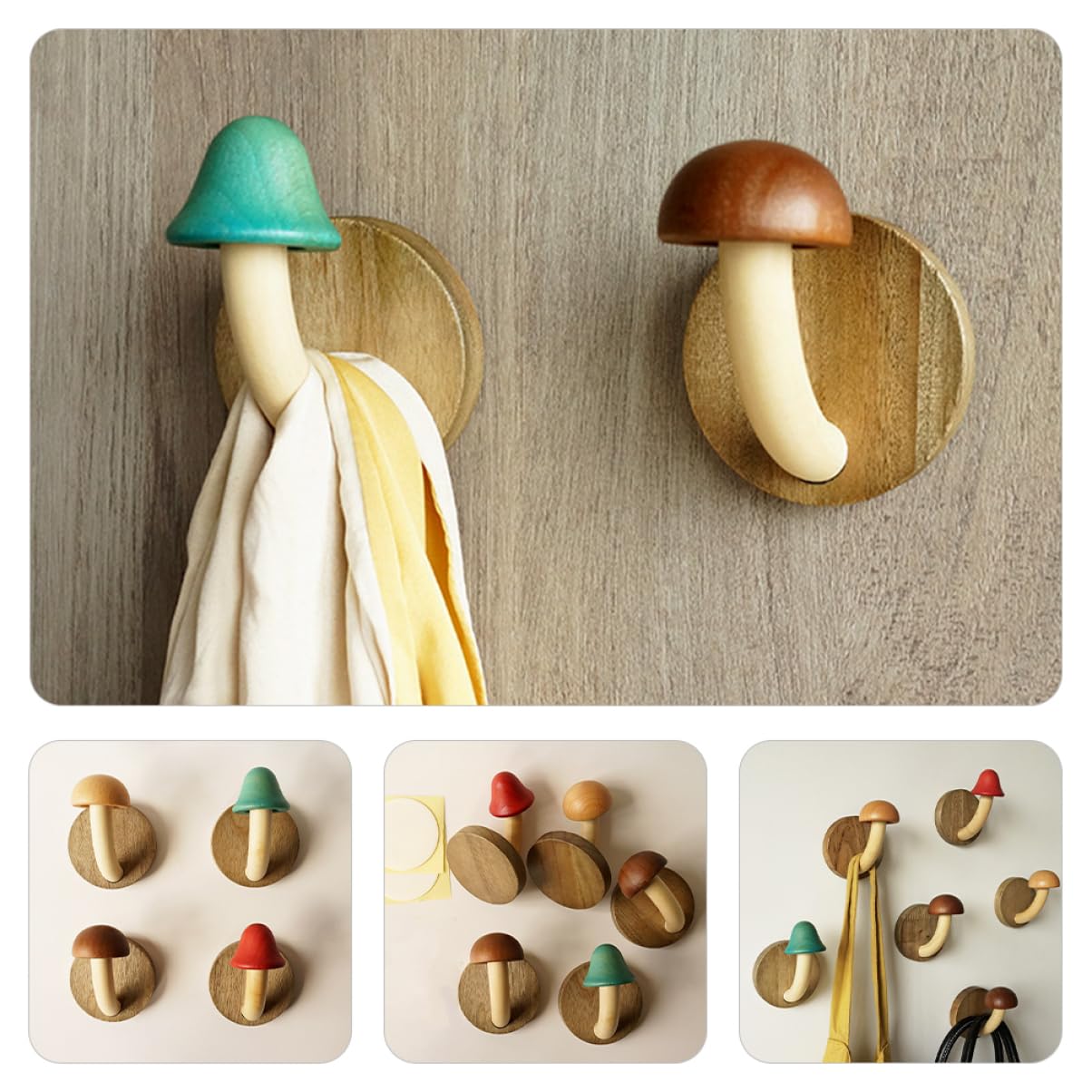 SOLUSTRE Crochets Muraux Champignon en Bois, Lot de 4, Patères