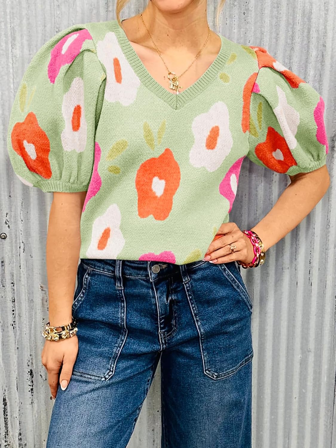 Cicy Bell Womens Puff Short Sleeve Sweater Tops 2026 Spring Summer Floral Pullover V Neck Casual Knit T Shirts - Image 2