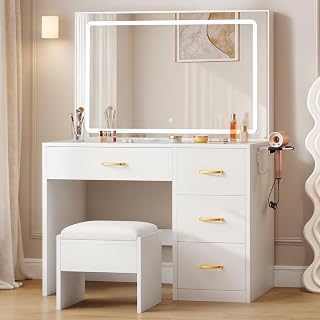 YITAHOME Vanity Desk Set with Large 35" LED Mirror and Lights, Makeup Table with 4 Drawers & Stool, 2 AC Outlets and 2 USB Ports, Adjustable Lighting, Modern Ample Storage Dressing Table, White - Amazon product rated Grade A