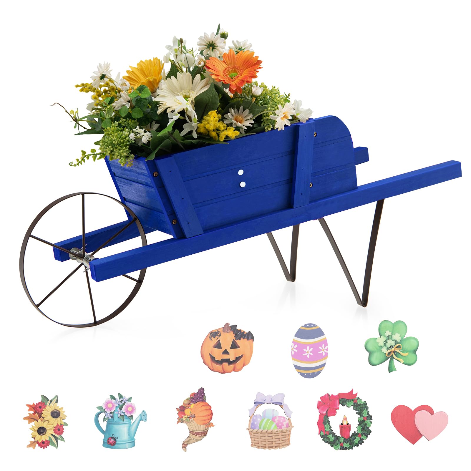 COSTWAY Jardinera de Madera, Carretilla para Interior y Exterior, Jardinera con 9 Accesorios Magnéticos, Rueda, 2 Manijas, Jardinera Rústica de Madera de Pino para Jardín, Patio, Hogar (Azul)