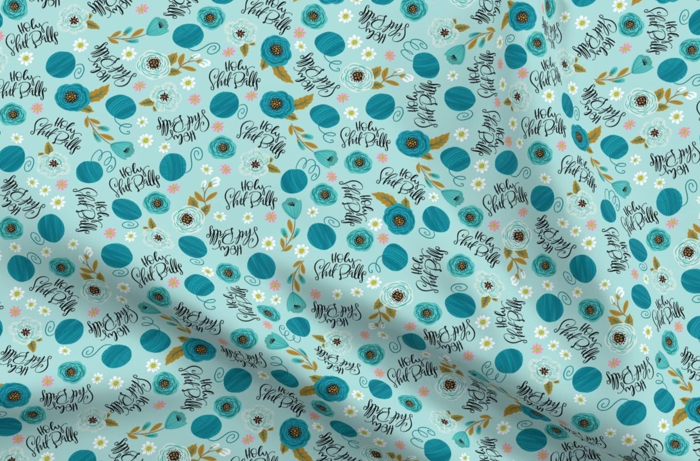 Spoonflower Fabric - Balls Ball Knitting Yarn Blue Flowers Floral Peony Pretty Swear Curse Printed on Denim Fabric by The Yard - Bottomweight Apparel Home Decor Upholstery