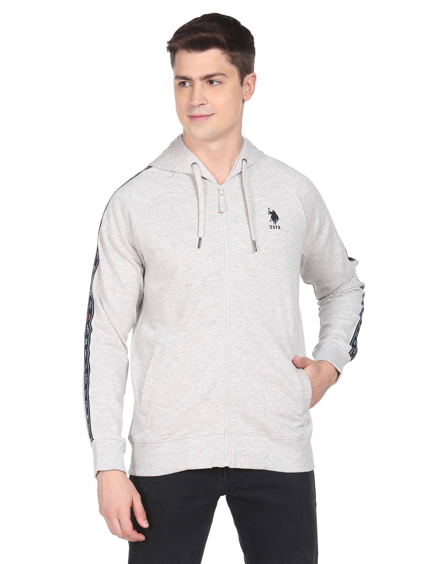 U.S. POLO ASSN.Men Cotton Light Grey Hooded Full Zip Heathered Sweatshirt