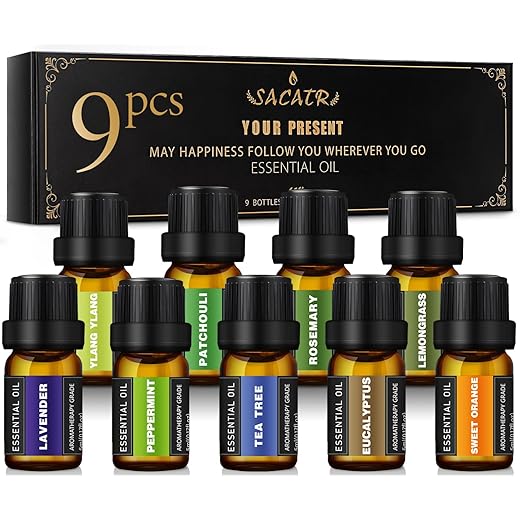 Essential Oils Set -100% Natural Essential Oils -Perfect for Diffusers, Aromatherapy,Humidifiers,Massage,Skin & Hair Care, DIY Candle and Soap Making,9x5 ML(0.17oz）