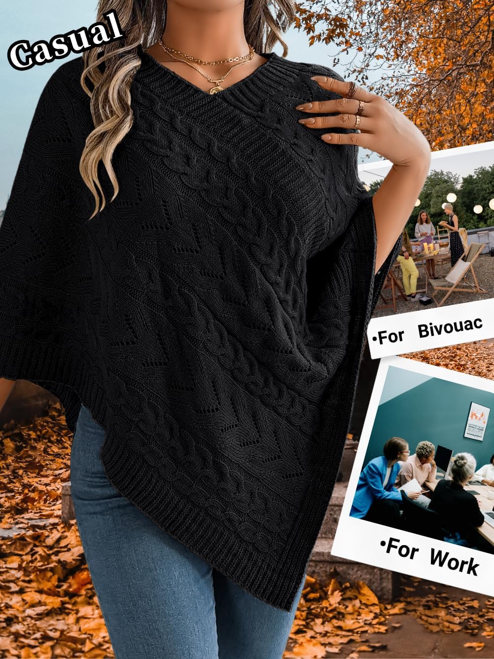 Women Knit Poncho Sweater, Irregular Hallow Out Cape Top Casual Fashion, Lightweight Knitted Shawl Wraps Fall Winter - Image 2