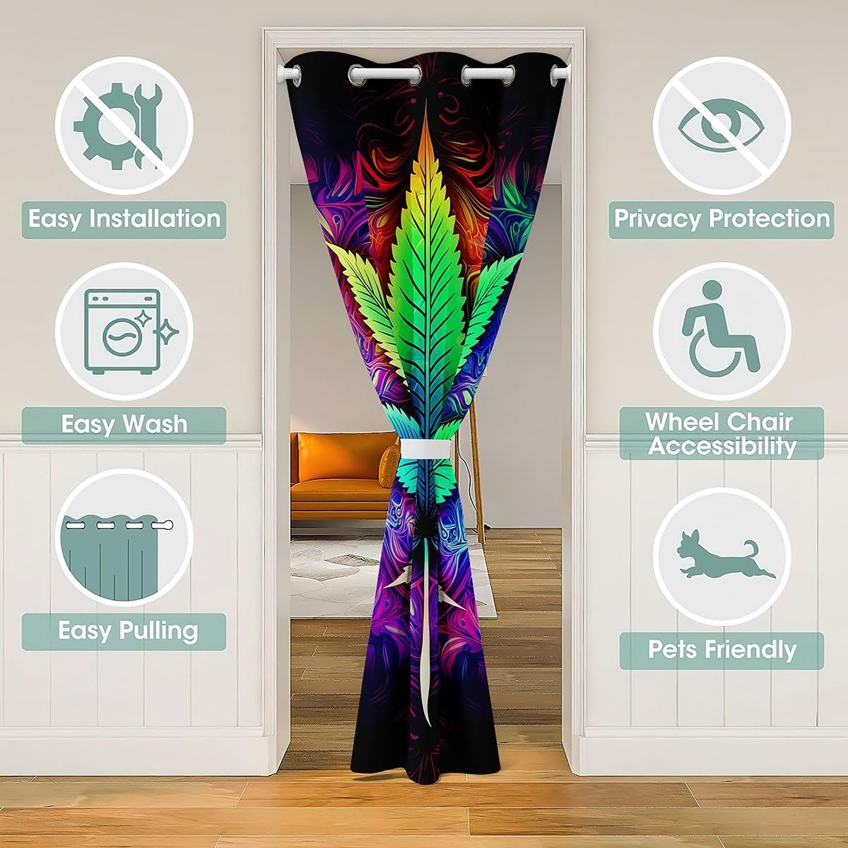 Homewish Gradient Marijuana Doorway Curtain Cartoon Green Blue Botanical Leaf Door Curtain Privacy for Kids Teens Adults Exotic Colorful Retro Flowers Door Drape for Bedroom Closet Door 34" W X 80" L
