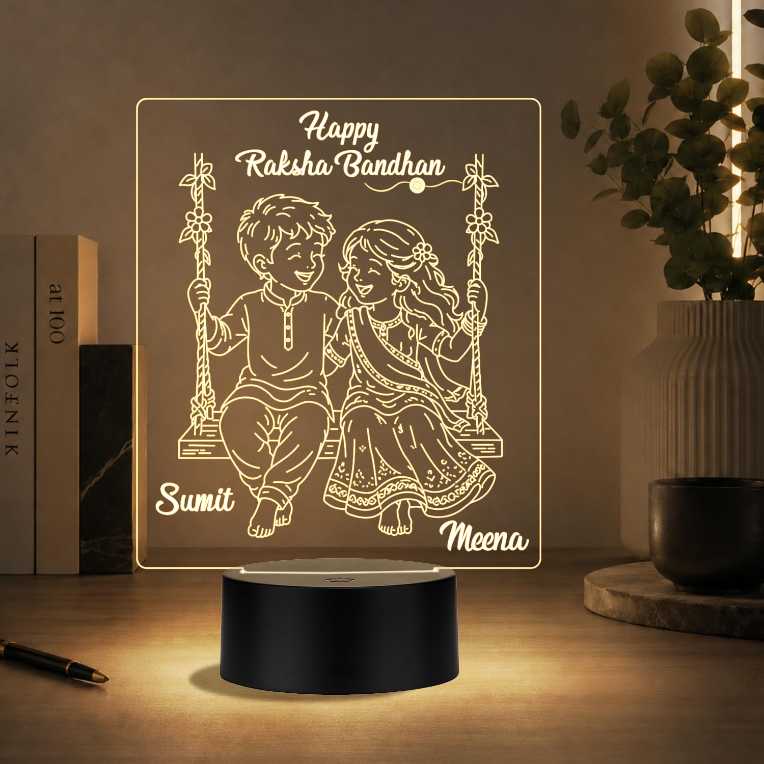 Personalized Happy Raksha Bandhan LED Lamp | Special Rakhi Return Gift for Sister, Bhaiya & Bhabhi | Bedside Table Desktop Decor Light | Warm White, Black Base-picture-11