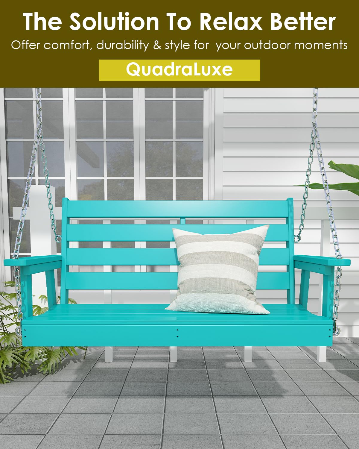 GREENVINES Altalena da portico, 130 cm, in plastica HDPE, per patio esterno, per tutte le condizioni atmosferiche, altalene impermeabili da banco | con 4 catene in acciaio inossidabile | Aqua