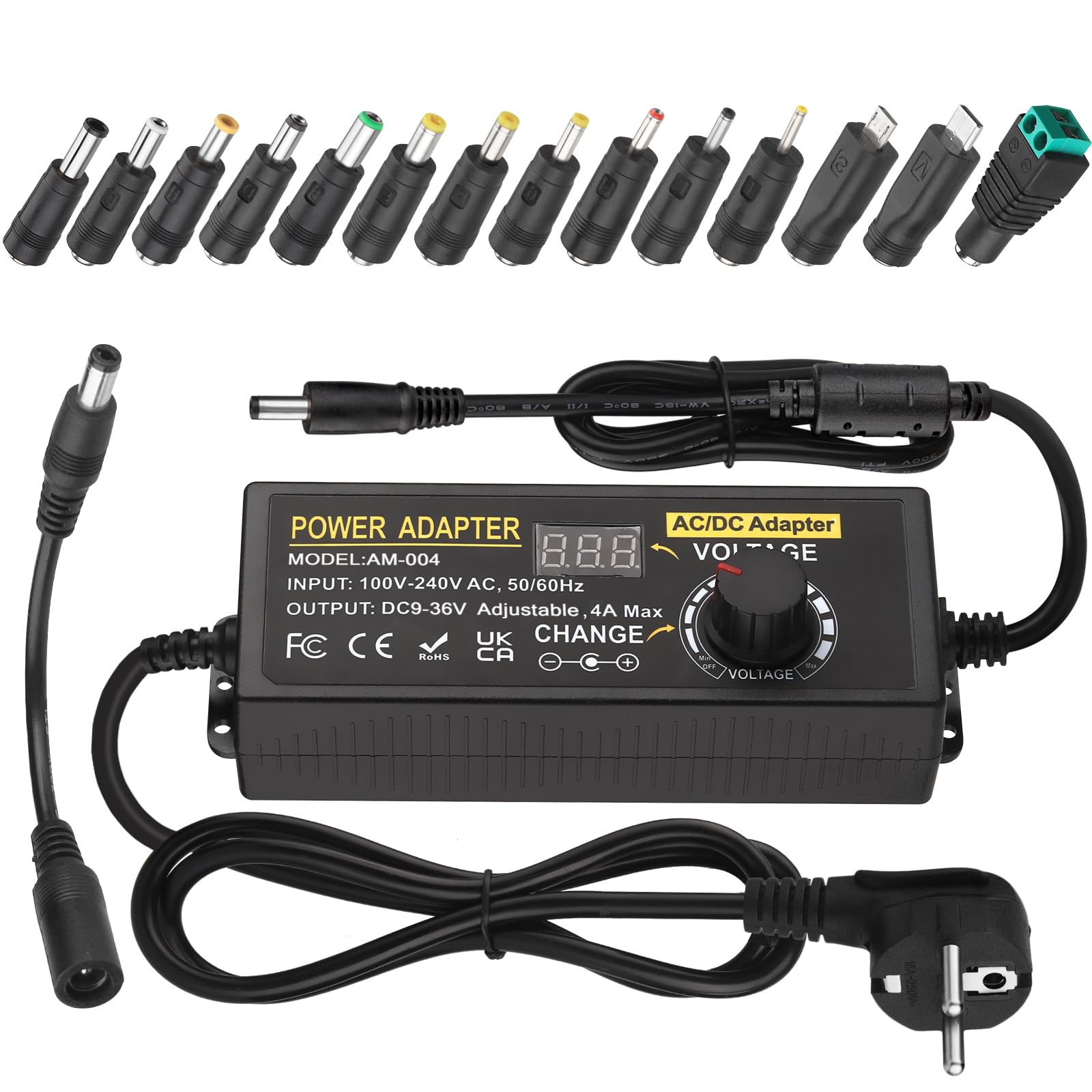Adaptador de alimentación regulable de 9V a 36V AC/DC de 144W con pantalla LED 8