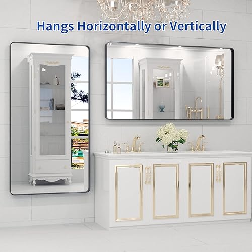 Miniatura 5 de WEER Espejo de baño con marco de metal negro de 55 x 30 pulgadas para pared, espejo de tocador de baño negro, espejo de pared rectangular redondeado