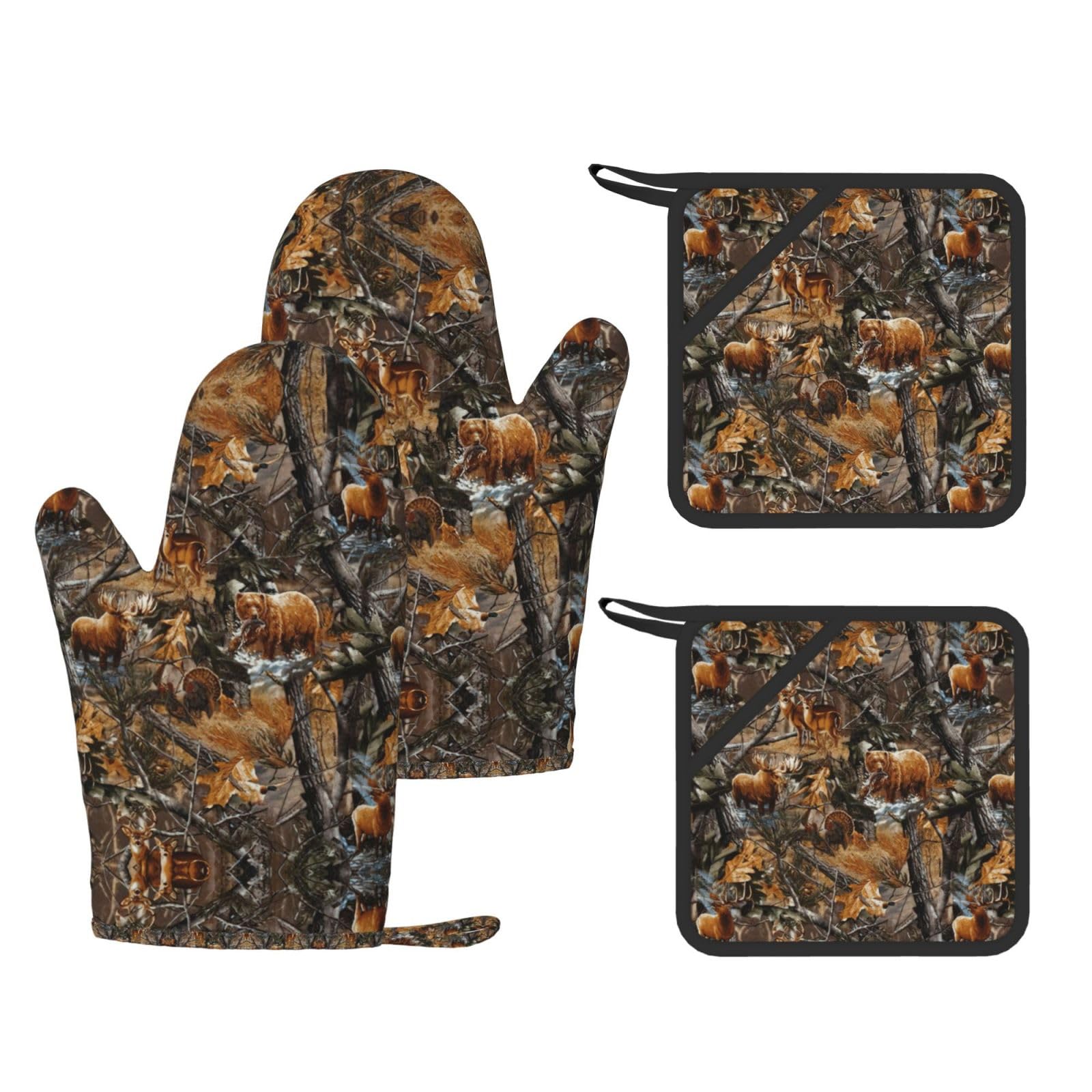Hunting Deer Bear Moose Printed Oven Mitts with Pocket and Hot Pads, Silicone Non-Slip Kitchen Gloves for Baking BBQ