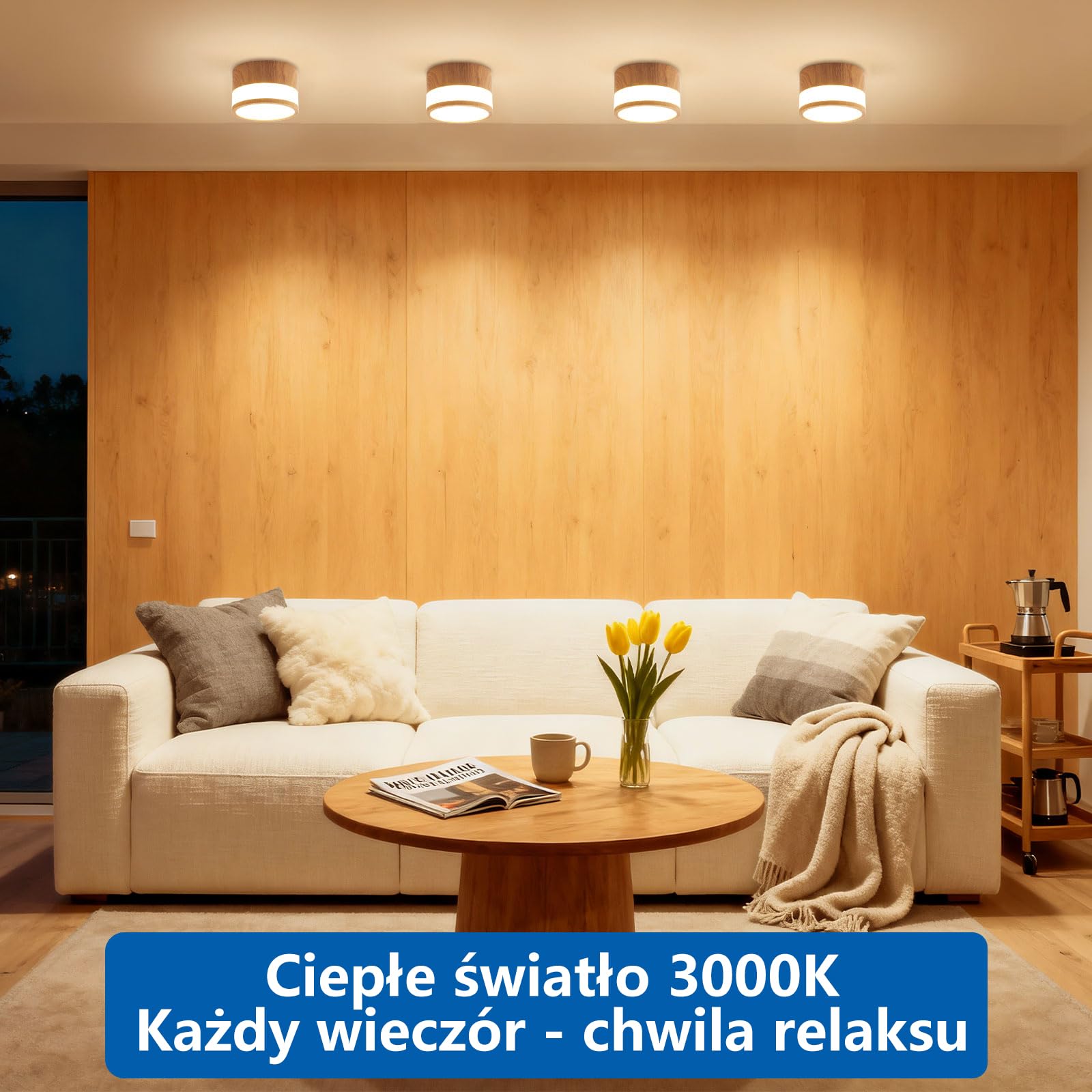 4 szt Reflektor Natynkowy w Stylu Drewna IP44 Wodoodporna, Do Łazienki, Kuchni, Salonu i Holu, LED Ciepła Biel 3000K, 12W 1100LM, Oświetlenie 230V dla Pomieszczeń Wilgotnych