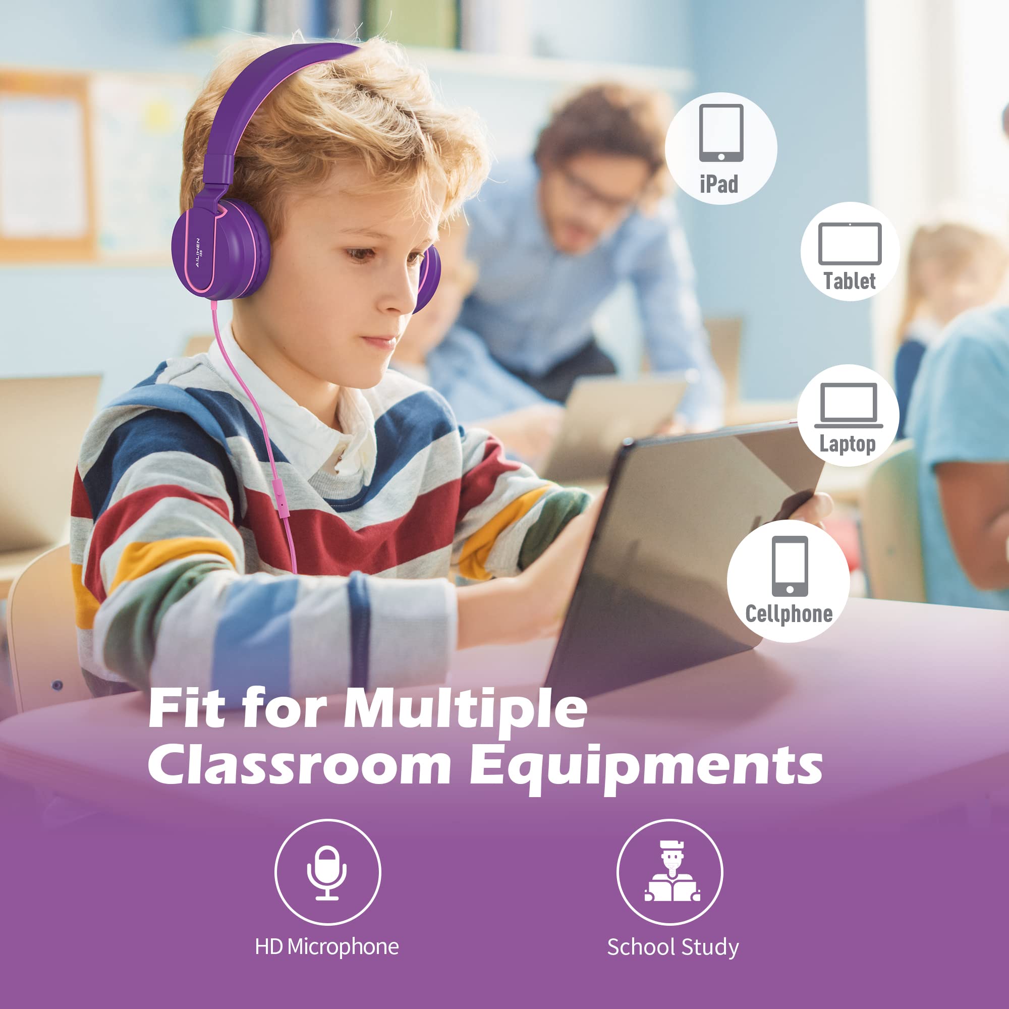 Kids Headphones, AILIHEN I35 On-Ear Headphones for School, Safe Volume 93dB, HD Mic Stereo Headphone for Kid Girls Children, Foldable Wired 3.5mm for Chromebook, Laptop, Computer, Tablet (Pink Purple)