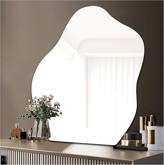 Sqinor Self Adhesive Irregular Mirror Frameless Glass Stick On Wall Mirror, Bathroom Mirror Decorative Mirrors Wall Decoration Room Decor for Dressing Table Bedroom (Fine Grinding, 38x47.8cm, 1pc)