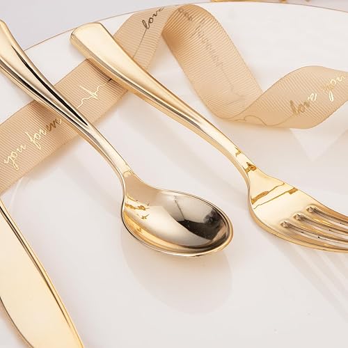 Miniatura 6 de Liacere 200 piezas de cubiertos de plástico dorados - Cubiertos de plástico dorados desechables incluyen 100 tenedores, 50 cucharas, 50 cuchillos.