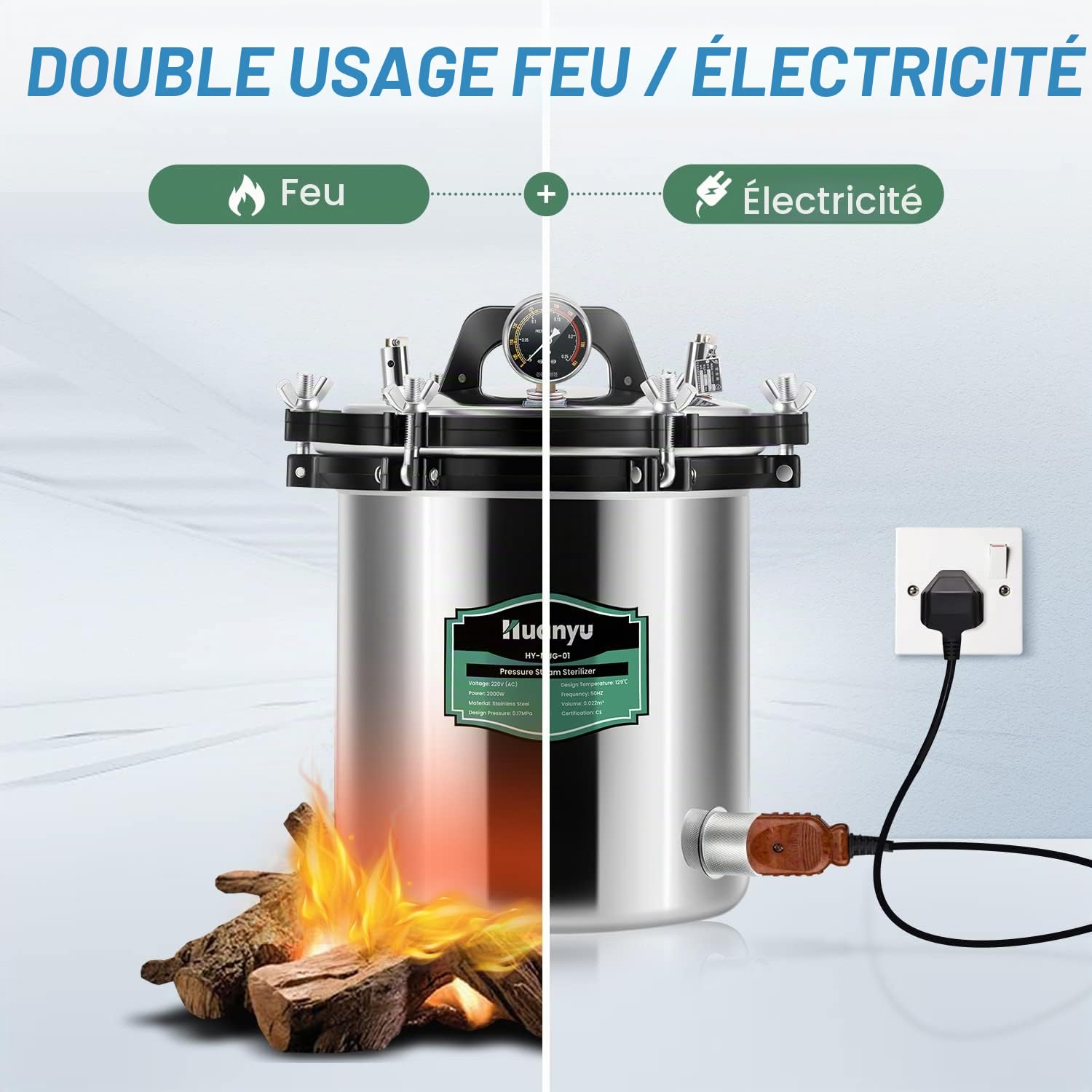 Huanyu Autoclave 18L avec soupape de dégonflage et soupape de sécurité Stérilisateur électrique à vapeur Stérilisateur à vapeur haute pression anti-brûlure à sec pour laboratoires et universités