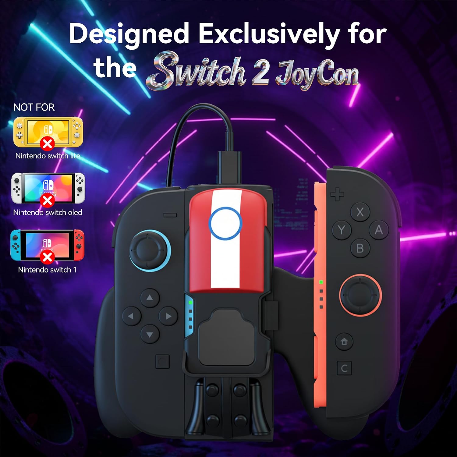 Magnetic Charging Grip for Switch 2 Joy Con, LED Indicator, Play While Charging with Charging Cable image 2