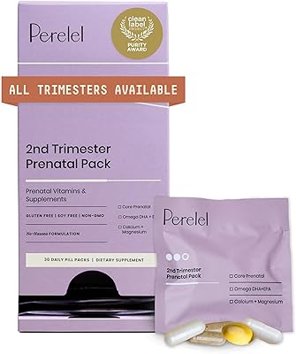 Perelel 2nd Trimester Prenatal Pack, Multivitamin with Magnesium, Omega 3, Iron & Calcium, Nutritional Support for Second Trimester Wellness, Soy & Gluten Free, Non GMO, 30 Daily Pill Packs