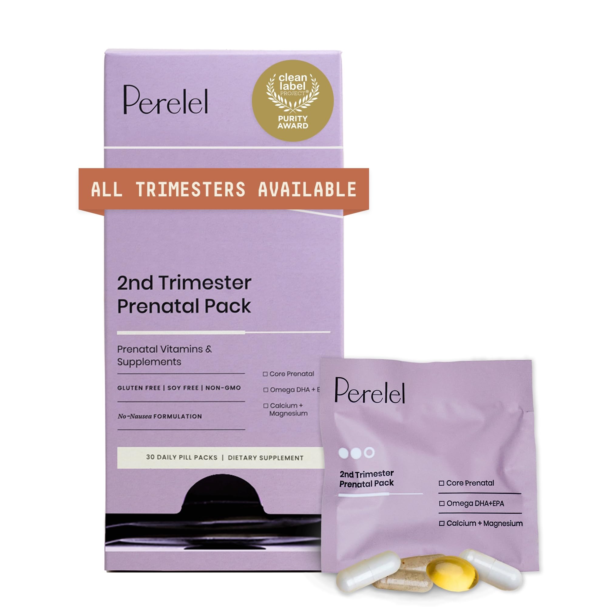 Perelel 2nd Trimester Prenatal Pack, Multivitamin with Magnesium, Omega 3, Iron & Calcium, Nutritional Support for Second Trimester Wellness, Soy & Gluten Free, Non GMO, 30 Daily Pill Packs