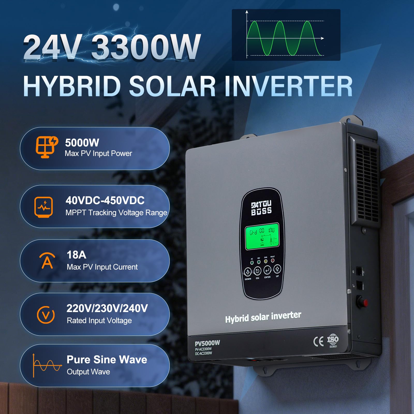 DATOUBOSS Hybrydowy falownik solarny 3300W 24V, czysta sinusoida, 24V DC na 220V/230V AC, z kontrolerem ładowania MPPT 100A i systemem ochrony BMS, do baterii litowych (24V 3300W)