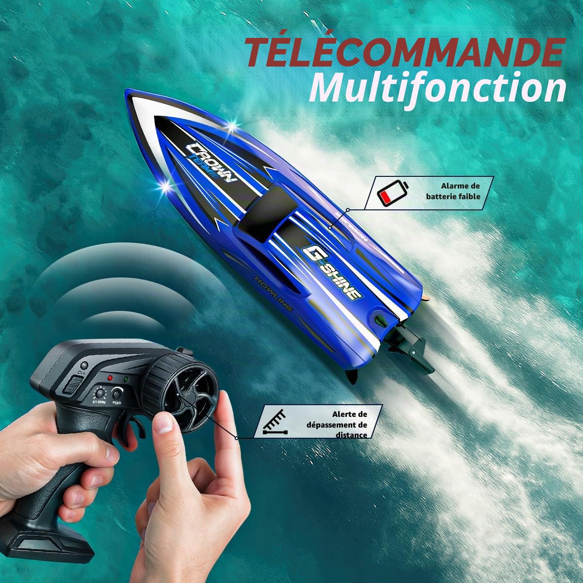 Bateau télécommandé RC 35 km/h étanche 2,4 GHz avec LED et fonction retournement,refroidissement par eau, double batterie, alarme de portée et de batterie, idéal pour enfants et adultes,piscine et lac