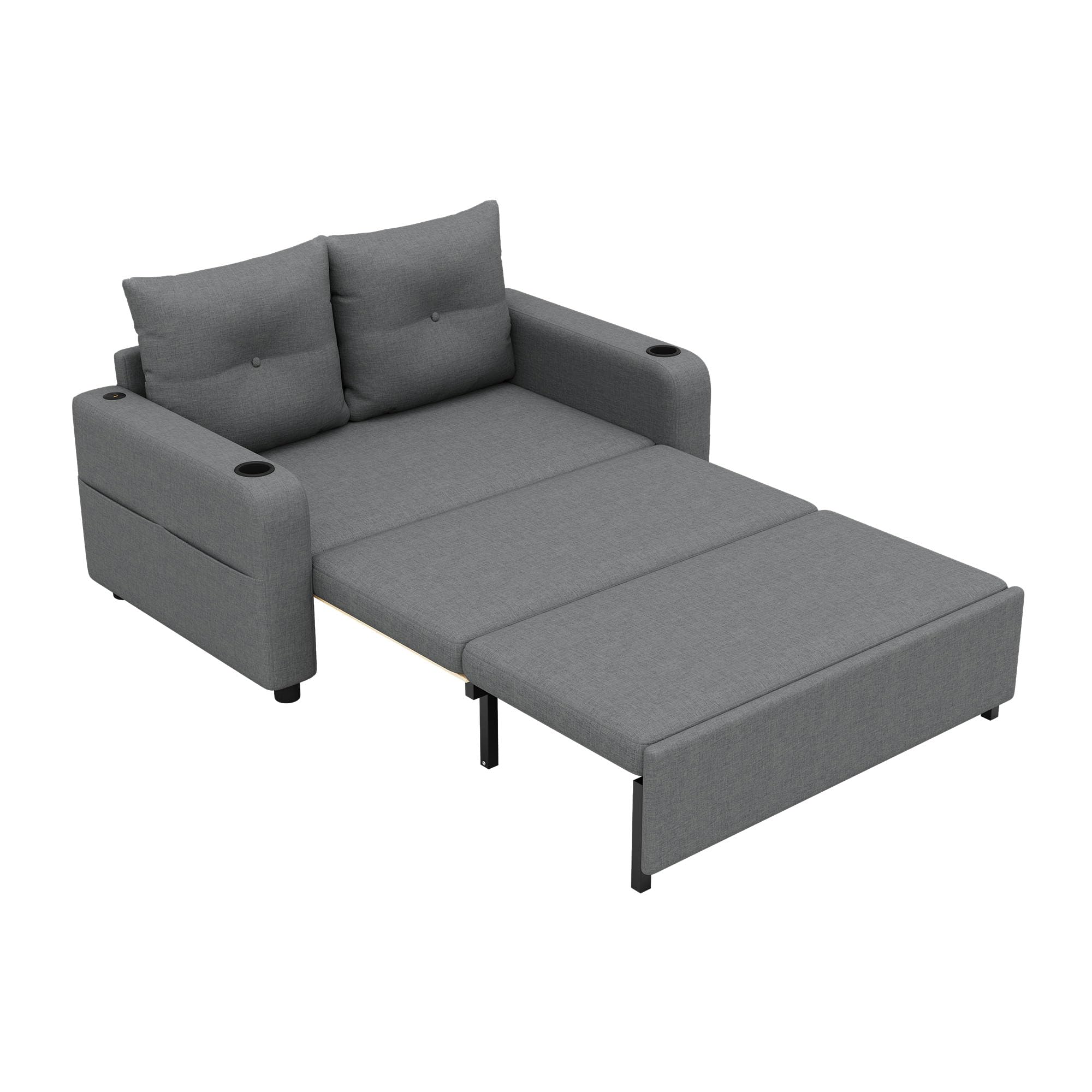 Divano letto 3 in 1, divano letto estraibile con funzione sonno, divano doppio con porta bevande, tasche laterali, cuscino e porta USB, design moderno, adatto per soggiorno e camera da letto (grigio)
