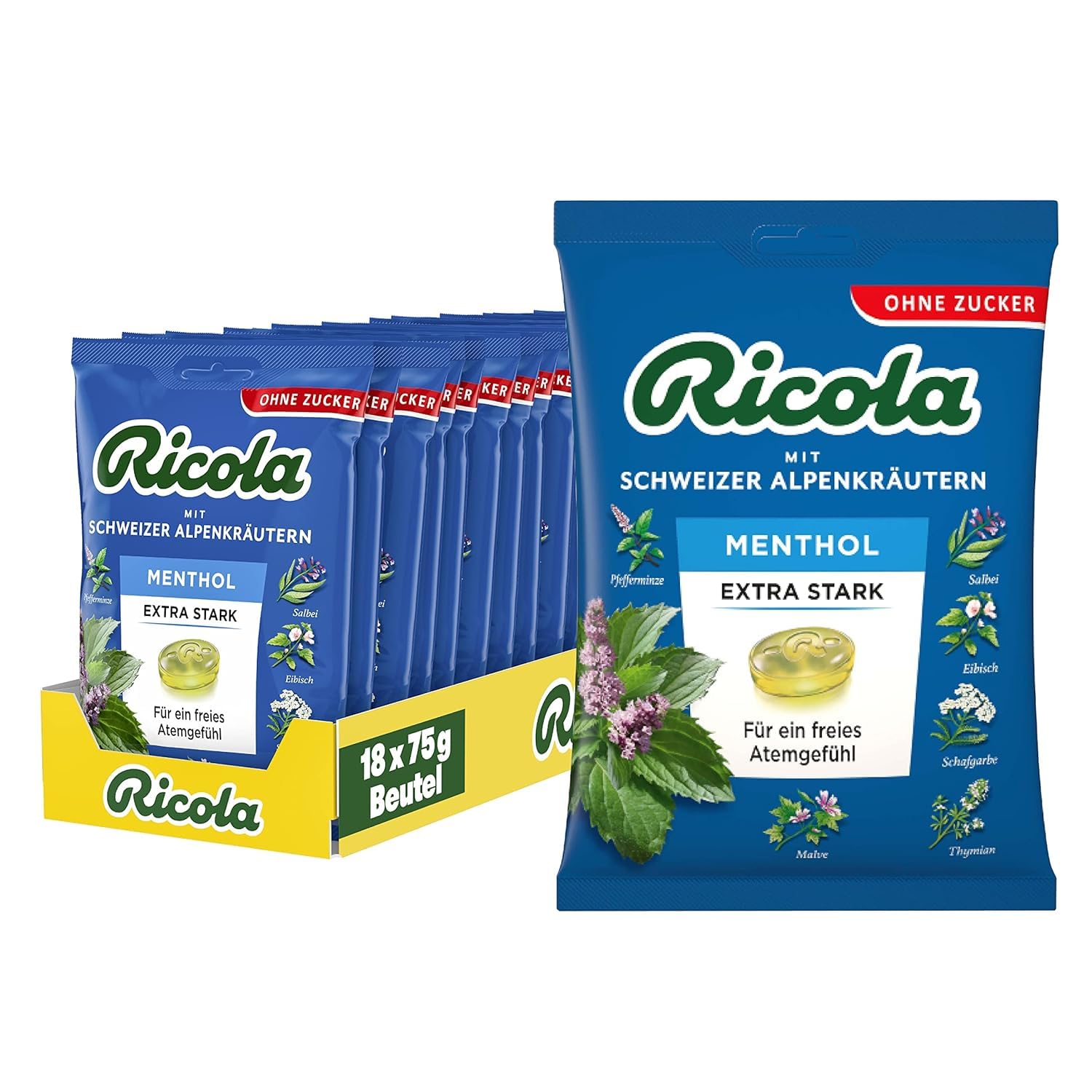 Ricola EXTRA STARK Menthol, 18 Beutel original Schweizer Kräuter-Bonbons mit 13 Schweizer Alpenkräutern & Menthol, zuckerfrei, 18 x 75g, vegan