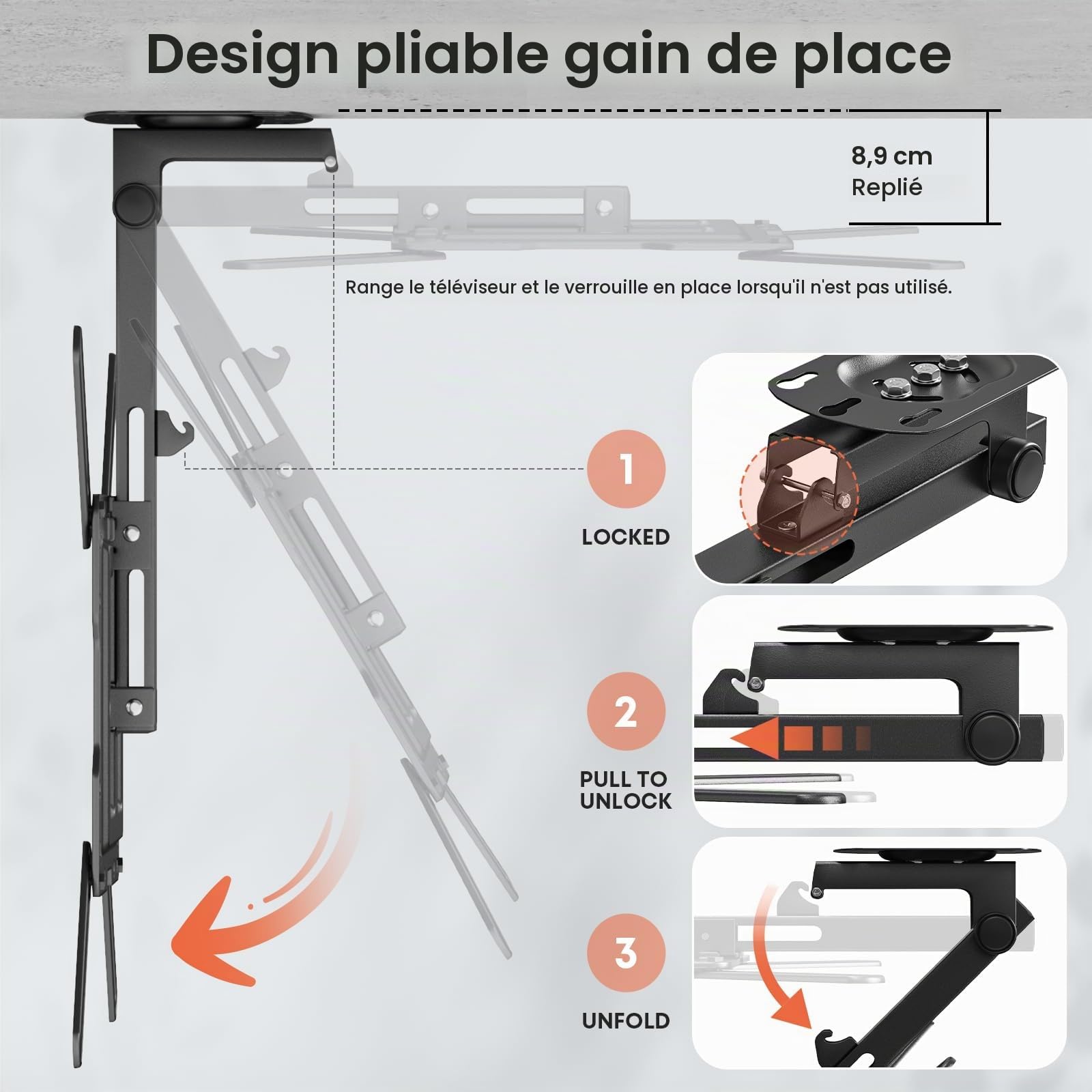 PUTORSEN 23 à 55 Pouces Support TV Plafond, Pliable Support de Téléviseur Pivotant Ajustable pour Plafonds Plats ou Inclinés,Hauteur Réglable Support Plafond TV pour un Maximum 20KG,Max VESA 400x400mm