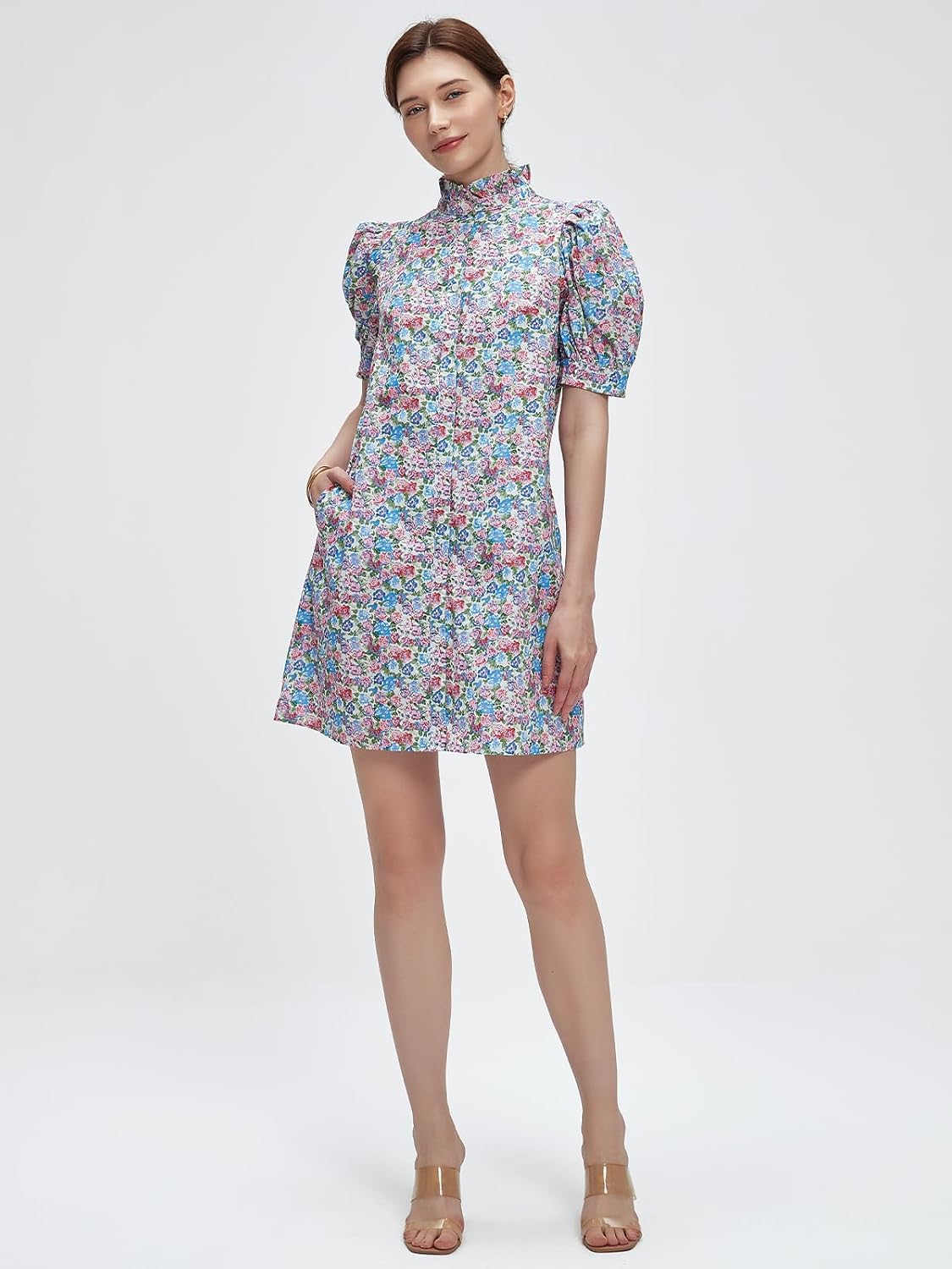 Women Summer Floral Mini Dress Ruffle Neck Puffer Sleeve Boho Beach Shift Dresses - Image 6