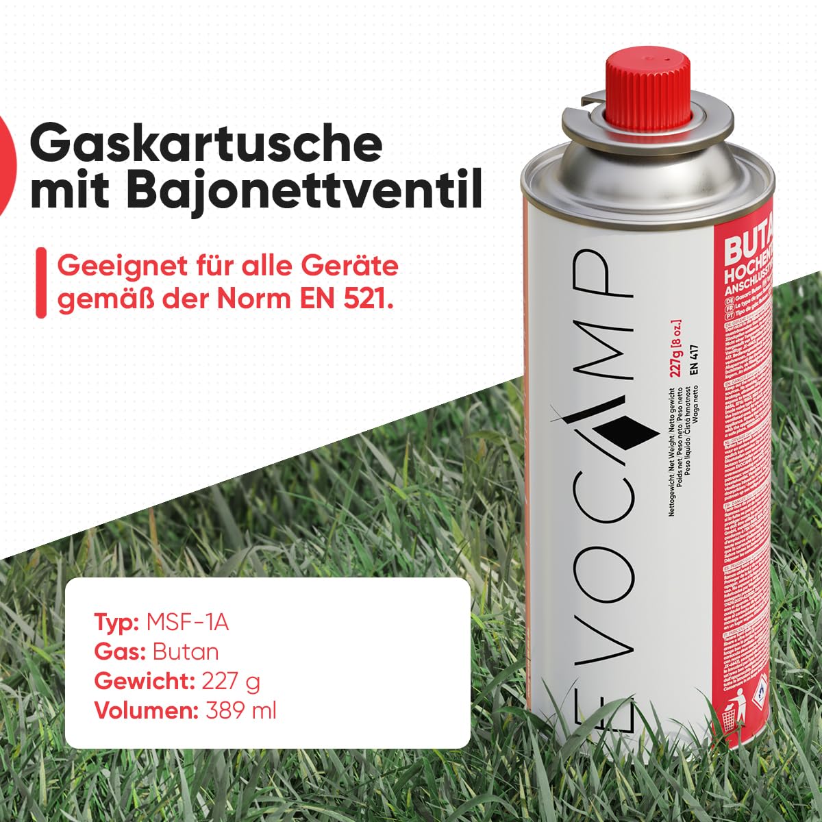 EVOCAMP 8x Stück Butan Gaskartuschen 227g Typ MSF-1a Bajonett Ventil ideal für Campingkocher, Gasheizung, Unkrautbrenner, Camping Gas Butangas Kartusche, Universaldruckgasdose für Camping und BBQ