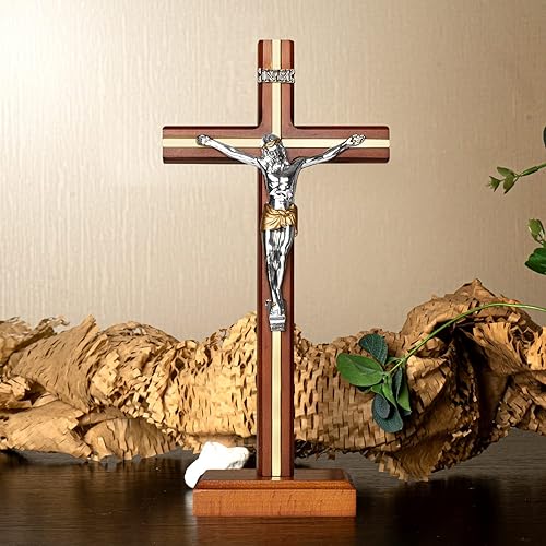 Miniatura 2 de KUXBET Crucifijo de pie con soporte desmontable de 10.6 pulgadas de madera católica de Jesucristo, cruz colgante de pared para decoración del hogar,