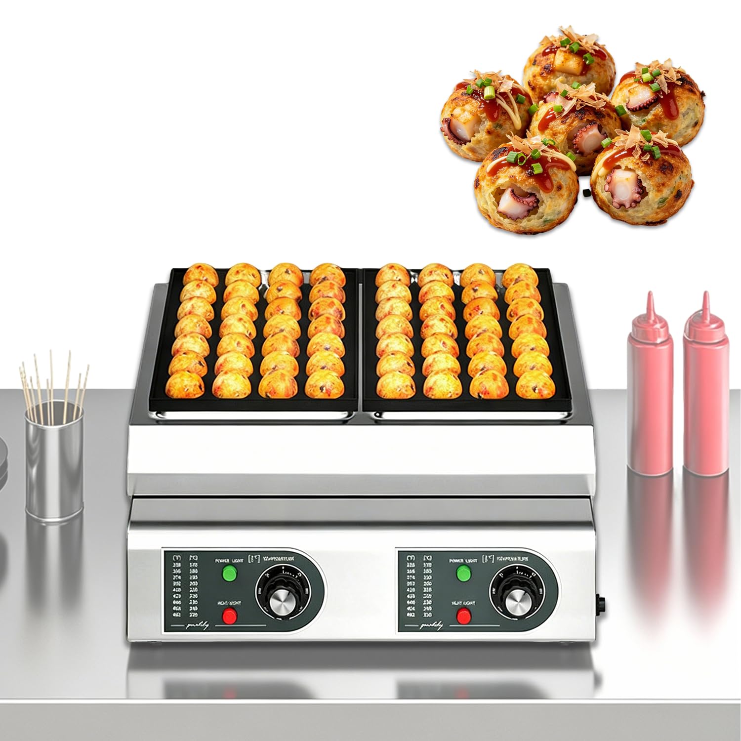WTRYRN Commercial Takoyaki Machine, 56 Holes Electric Octopus Ball Maker, Dual Independent Temp Control 4200W Non-Stick Grill Pan for Snack Shop, Food Stall