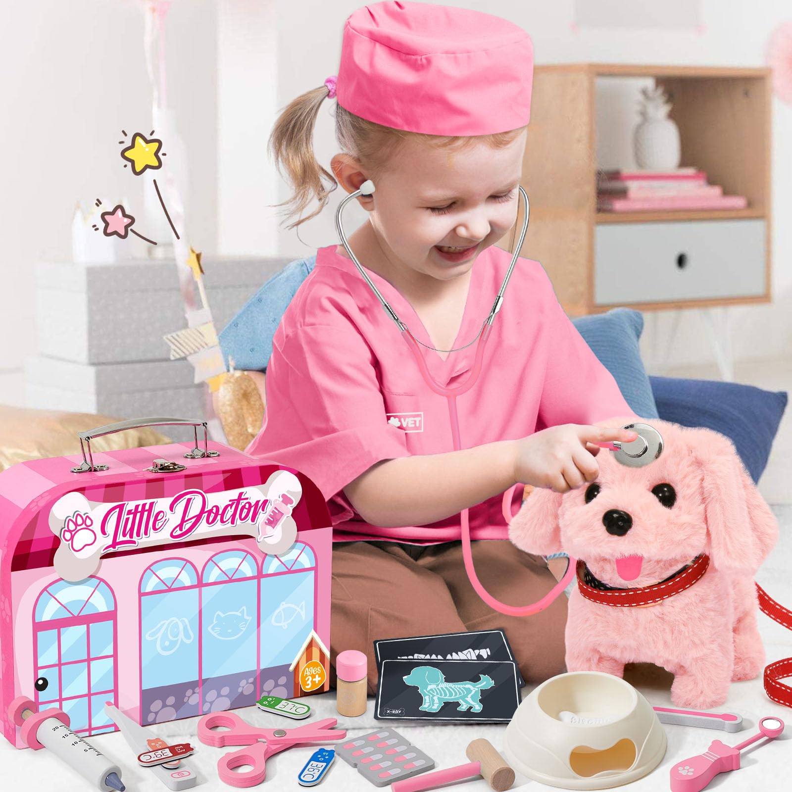 Dokterskoffer voor kinderen, met houten doktersspeelgoed, elektrisch, interactief pluche, hond, speelgoed dat loopt en blaft, dokterskostuum, dierenartsset, rollenspel, cadeau voor meisjes en jongens Dokterskoffer voor kinderen, met houten doktersspeelgoed, elektrisch, interactief pluche, hond, speelgoed dat loopt en blaft, dokterskostuum, dierenartsset, rollenspel, cadeau voor meisjes en jongens