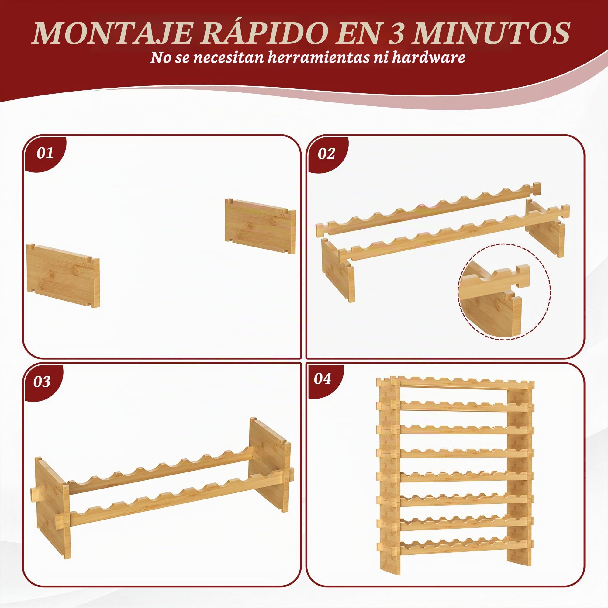 VASMIA Botellero de Bambú Apilable, Independiente para 72 Botellas, sin Montaje, 8 Niveles, para Cocina, Bar, Comedor, Sótano, Natural
