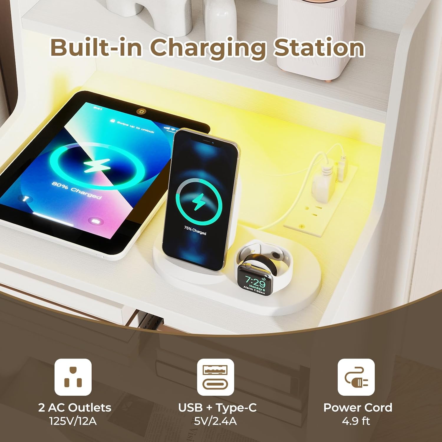 Giantex LED Night Stand with Charging Station, End Side Table w/Open Shelves, 2 Storage Drawers, Cable Holes, Nightstand w/Adjustable Light Color & Mode, Modern Bedside Table for Bedroom (1, White)