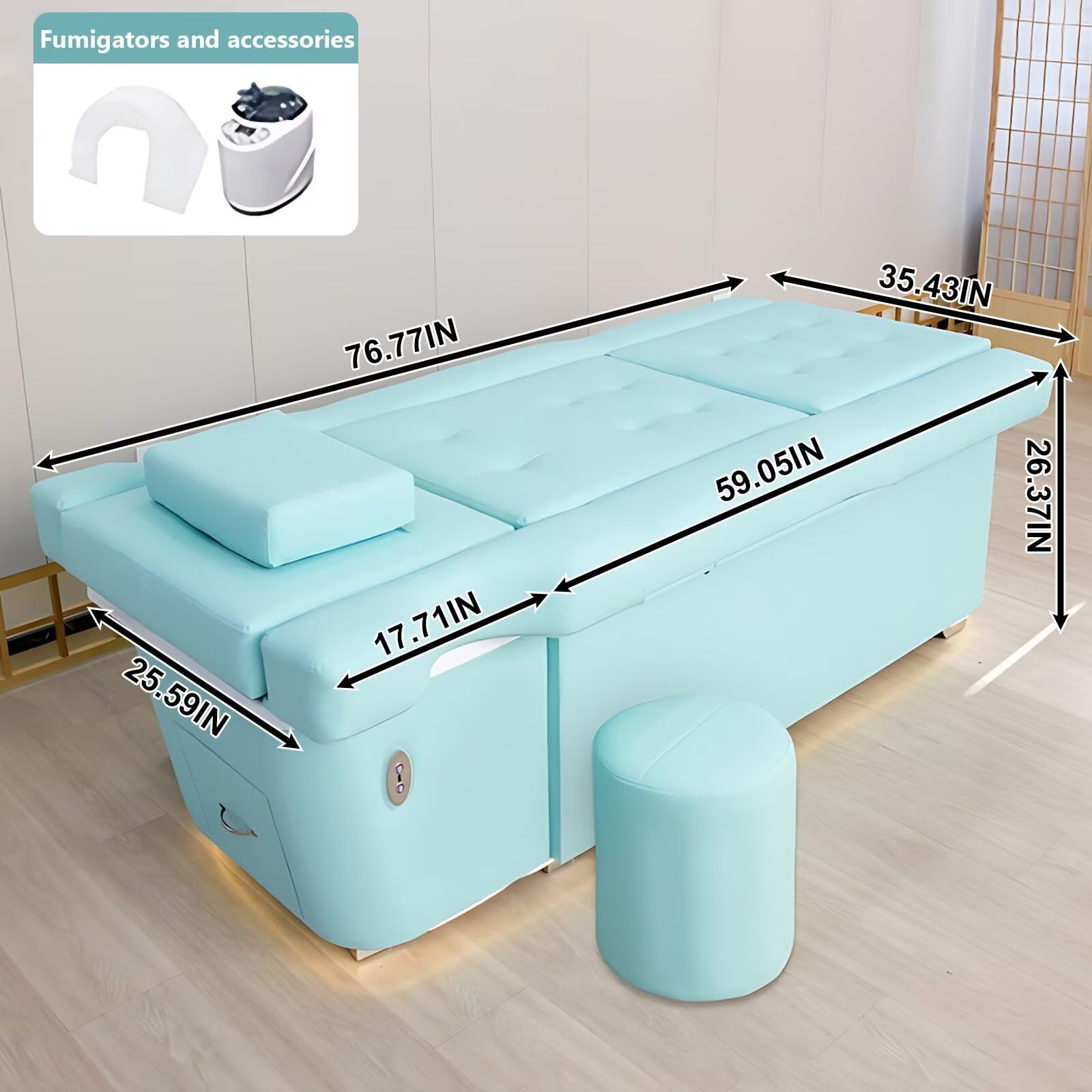Spa-Ausstattung, Massage-Shampoo-Liege/Pediküre-Stuhl mit Fußbadewanne, Blauer Luxusstil, Kopf-Spa mit Elektrischer Rückenlehnenverstellung, Begasung, Hocker