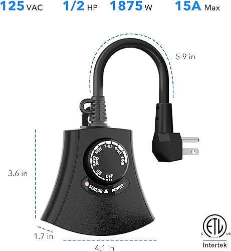Vista 8 de HBN Temporizador de luz exterior impermeable, resistente a la intemperie, sensor de luz de atardecer a amanecer, temporizador de cuenta regresiva