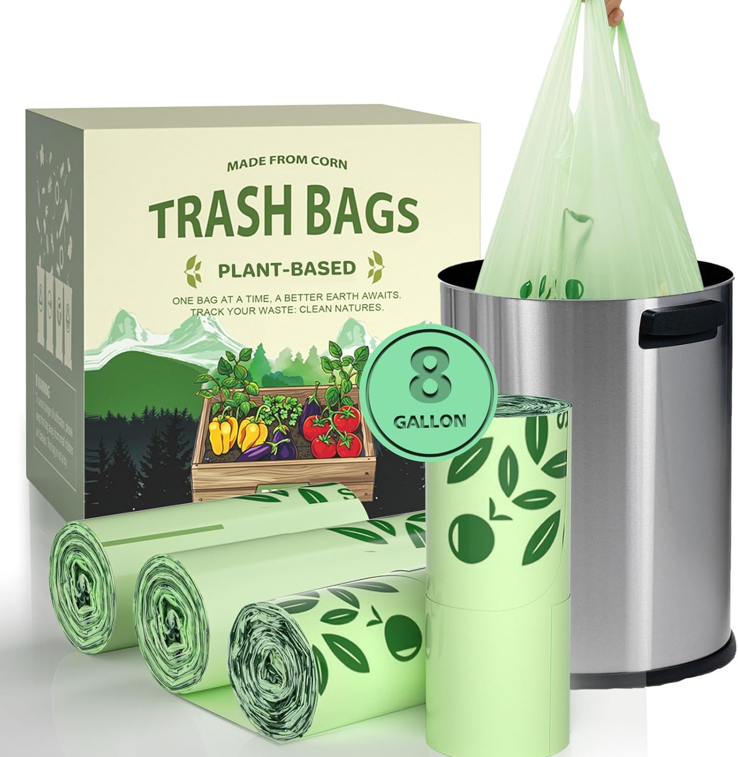 AYOTEE Compostable Trash Bags 8 Gallon Trash Bags with Handle, 30 Liter, 80 Count Biodegradable Compost Bag 8 Gallon Medium TrashBags, Unscented Medium Compostable Bag for Bathroom Kitchen Home