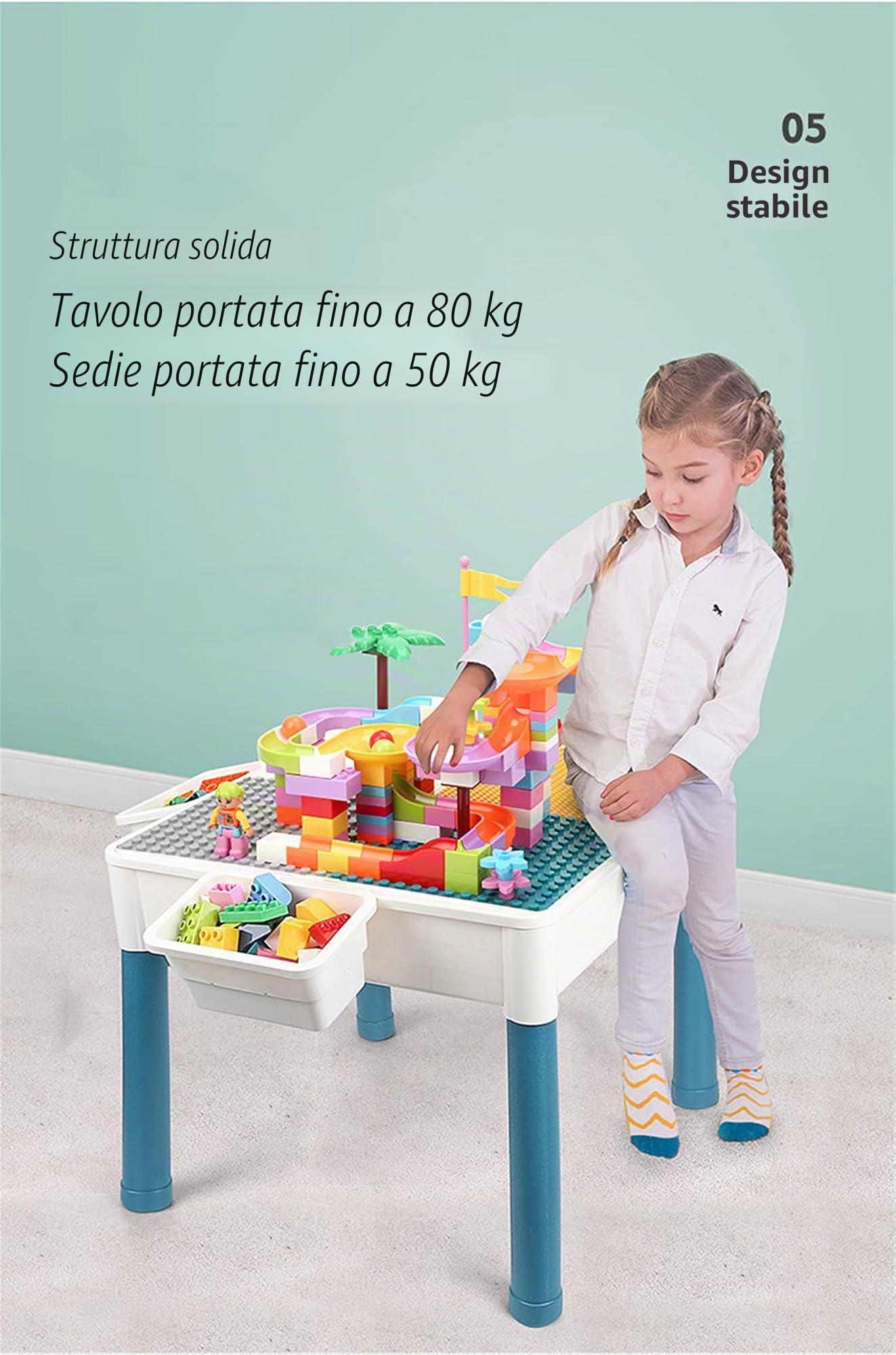 Set di sedie da tavolo per bambini 6 in 1 Tavolo da gioco per bambini, 51 x 51 cm piano di lavoro a doppia faccia con 292 blocchi da costruzione, tavolo multi attività con 1 sedia per bambini