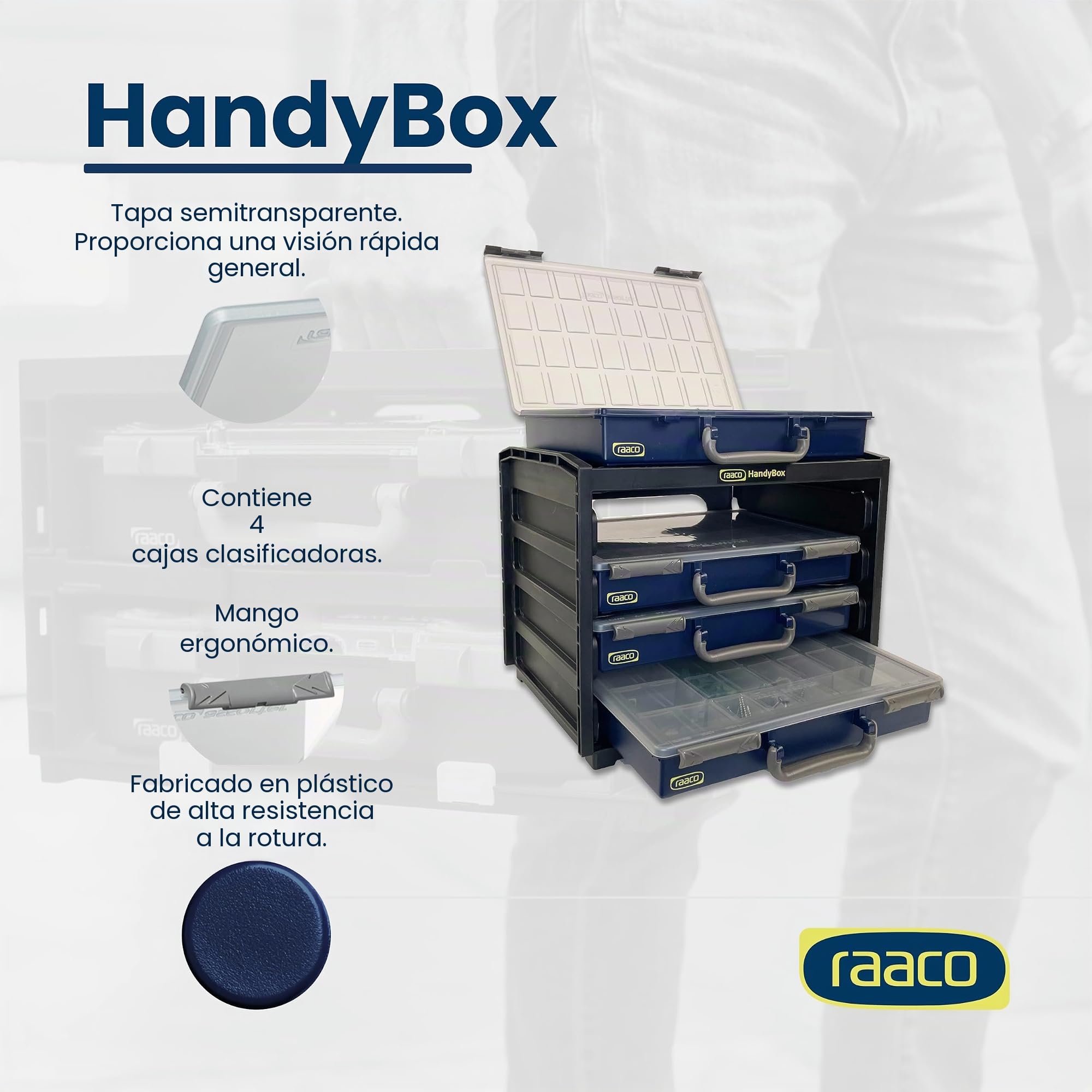 Raaco HandyBox 55x4, Caja de almacenamiento para taller con 4 cajas set | Caja de almacenamiento para taller con 4 cajas para tornillos y herramientas, Capacidad de Carga de 25 kg 26,5 x 37,6 x 31 cm